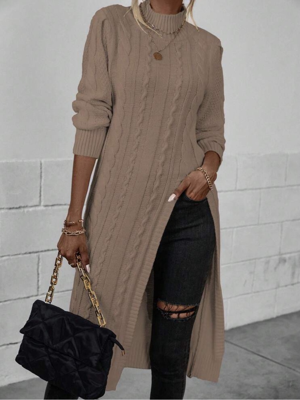 Cable Knit 🔥 Longline Sweater Dress in Taupe